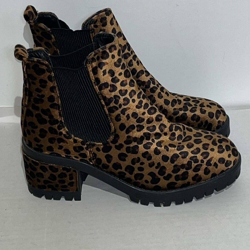 Leopard Print Chelsea Ankle Boots Chunky Lug Sole Block Heel Brown Black Slip On